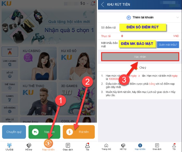 Thao tác rút tiền Kubet được thực hiện trên Mobile